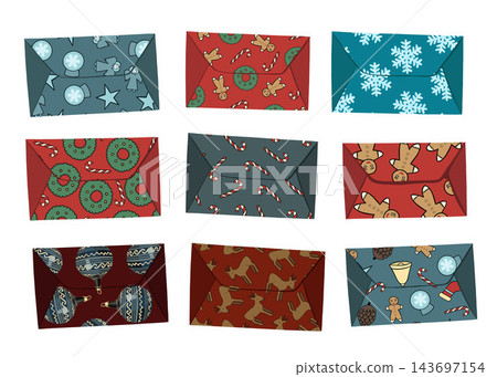 Vector isolated illustration of a set of festive Christmas mail. Christmas envelopes. 143697154