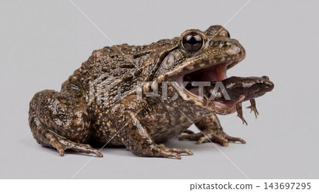 Large brown frog holding a smaller frog in its mouth Large brown frog holding a smaller frog in its mouth 143697295