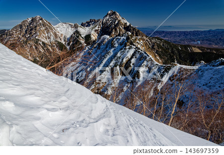 Winter view of the Yatsugatake mountain range, including Mt. Gongen and the Giboshi ridge. Winter view of the Yatsugatake mountain range, including Mt. Gongen and the Giboshi ridge. 143697359