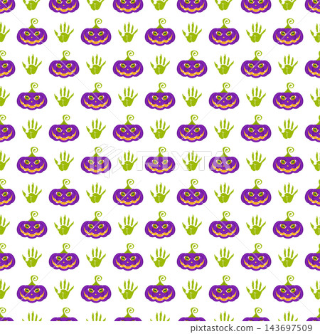 Transparent Halloween seamless pattern with purple pumpkins and monster hands Transparent Halloween seamless pattern with purple pumpkins and monster hands 143697509
