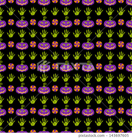 Black Halloween seamless pattern with purple pumpkins and swirl candies Black Halloween seamless pattern with purple pumpkins and swirl candies 143697605