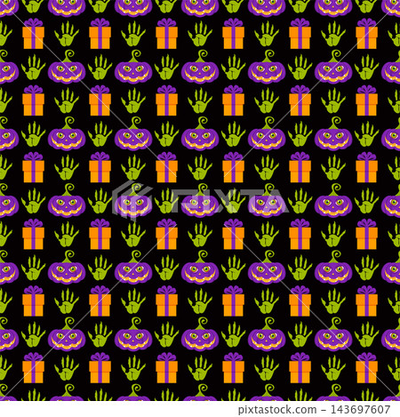 Black Halloween seamless pattern with purple pumpkins and orange gift boxes Black Halloween seamless pattern with purple pumpkins and orange gift boxes 143697607