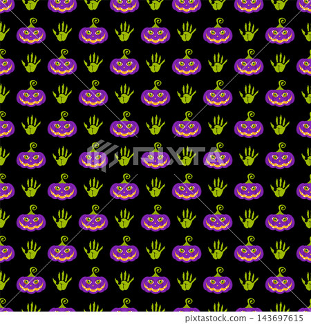 Black Halloween seamless pattern with purple pumpkins and zombie hands Black Halloween seamless pattern with purple pumpkins and zombie hands 143697615