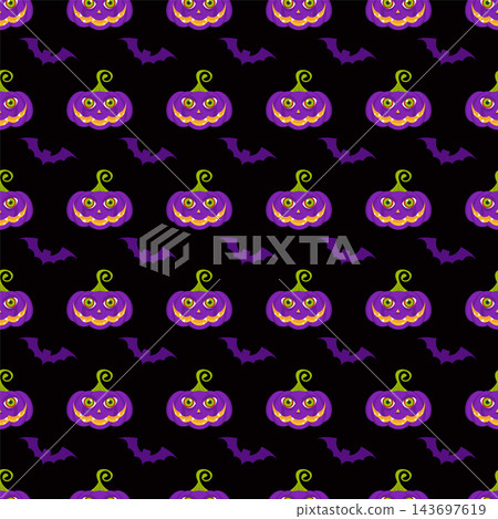 Black Halloween seamless pattern with purple pumpkins and flying bats Black Halloween seamless pattern with purple pumpkins and flying bats 143697619