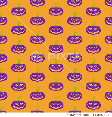Orange Halloween seamless pattern with funny purple jack o lantern pumpkins Orange Halloween seamless pattern with funny purple jack o lantern pumpkins 143697627