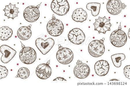 Hand drawn illustration Christmas ball and Cookie pattern on white Hand drawn illustration Christmas ball and Cookie pattern on white 143698124