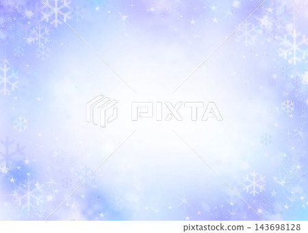 A blue-violet watercolor winter background with snowflakes and sparkling stars dancing in the air, and glittery white copy paper with shimmering glitter spread in all four corners. 143698128