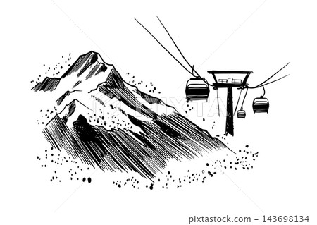 Hand Drawn Mountain Cable Car,  Monochrome Ink Sketch	 143698134