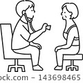 Illustration of a doctor listening to a patient with a stethoscope (line drawing only) Illustration of a doctor listening to a patient with a stethoscope (line drawing only) 143698465