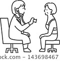 Illustration of a doctor listening to a patient with a stethoscope (line drawing only) Illustration of a doctor listening to a patient with a stethoscope (line drawing only) 143698467