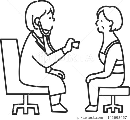 Illustration of a doctor listening to a patient with a stethoscope (line drawing only) Illustration of a doctor listening to a patient with a stethoscope (line drawing only) 143698467