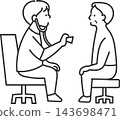 Illustration of a doctor listening to a patient with a stethoscope (line drawing only) Illustration of a doctor listening to a patient with a stethoscope (line drawing only) 143698471