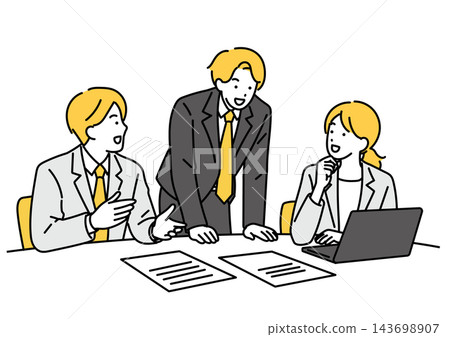 A business illustration depicting three office workers (two men and two women) having a meeting using laptops and documents. A business illustration depicting three office workers (two men and two women) having a meeting using laptops and documents. 143698907