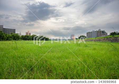 A natural landscape photograph taken from the front, showing a cloudy suburban cityscape with apartment buildings and a bridge visible beyond a wide grassy field. 143698968