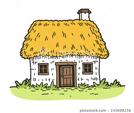 Vector illustration of a traditional country house with a thatched roof in a cartoon, outlined style, isolated on white background Vector illustration of a traditional country house with a thatched roof in a cartoon, outlined style, isolated on white background 143699238