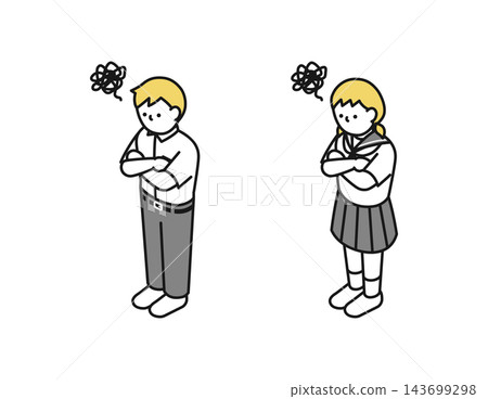 Isometric illustration: Middle school boys and girls in summer clothes, deep in thought. 143699298