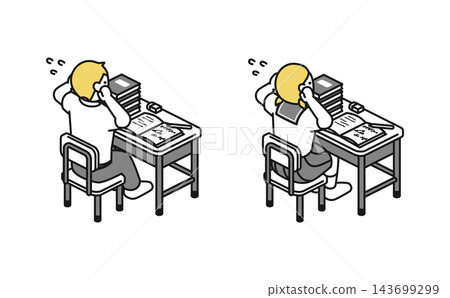 Isometric illustration: Middle school boys and girls in summer clothes, stressed out by the amount of homework. Isometric illustration: Middle school boys and girls in summer clothes, stressed out by the amount of homework. 143699299