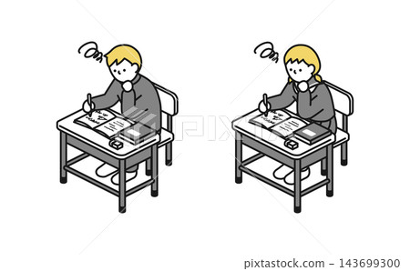 等距插圖:一名穿著冬裝的中學生和一名穿著筆記本的中學生正在思考。 等距插圖:一名穿著冬裝的中學生和一名穿著筆記本的中學生正在思考。 143699300
