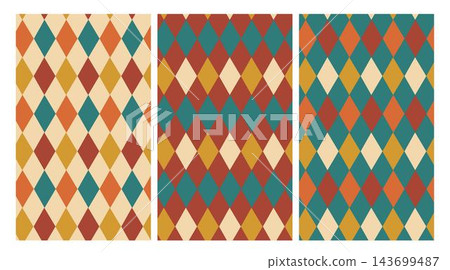 Circus set seamless pattern. Harlequin lozenge backgrounds. Vector illustration. Checkered diamond textures. Set green red yellow rhombus plaid prints. Modern argyle geometric backdrops. 143699487