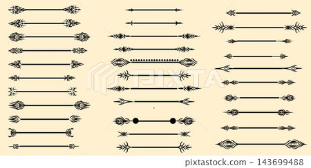 Chapter flourish dividers, romantic separators. Creative vintage line elements, antique vignettes for menu and books. Elegant arrow and curly underlines. Vector recent design decoration set Chapter flourish dividers, romantic separators. Creative vintage line elements, antique vignettes for menu and books. Elegant arrow and curly underlines. Vector recent design decoration set 143699488