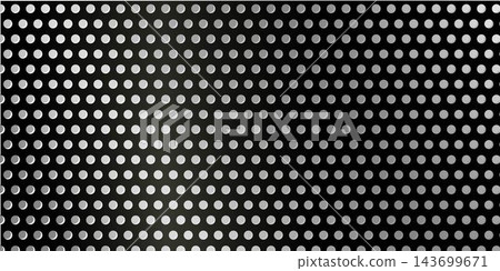 Seamless vector metal pegboard texture. Light black shine brushed metal with uniform round perforations. Industrial or modern workshop style 143699671