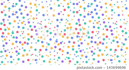 Cute birthday karnaval polka dot seamless pattern. Colorful clown repeated round confetti background. Brightl dotted wallpaper for Easter wrapping paper, birthday decoration, kid bday nursery decor. 143699696