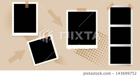 Blank retro photo frames with tape and shadows. Set of empty vintage photo placeholders with dotted elements. Scrapbook or memory album templates. Realistic vector illustration design Blank retro photo frames with tape and shadows. Set of empty vintage photo placeholders with dotted elements. Scrapbook or memory album templates. Realistic vector illustration design 143699752
