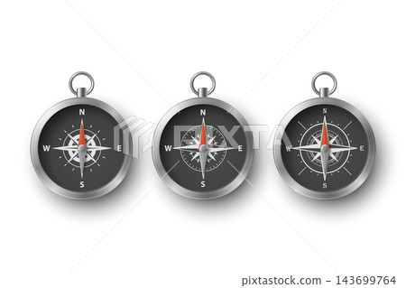 Compass Set with Navigation Needles and Direction Markings, Vector Illustration. 3d Compass for Travel, Hiking and Exploration. Compass Vector Illustration Compass Set with Navigation Needles and Direction Markings, Vector Illustration. 3d Compass for Travel, Hiking and Exploration. Compass Vector Illustration 143699764