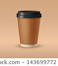 Coffee Cup with Black Lid for Takeaway Coffee and Hot Drinks, Vector Illustration. 3d Coffee Cup for Cafe, Coffee Shop and Catering. Coffee Cup Vector Illustration 143699772