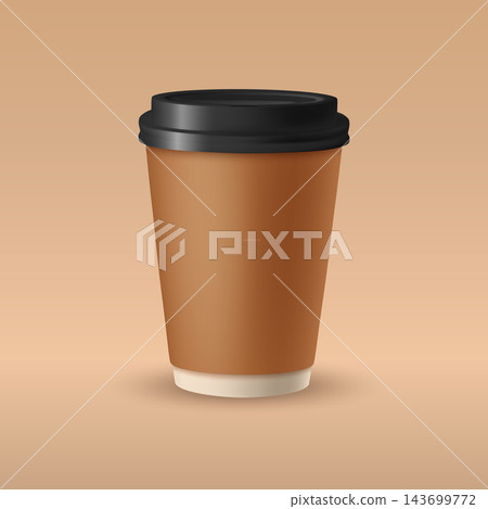 Coffee Cup with Black Lid for Takeaway Coffee and Hot Drinks, Vector Illustration. 3d Coffee Cup for Cafe, Coffee Shop and Catering. Coffee Cup Vector Illustration 143699772