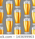 Watercolor seamless pattern featuring tall glasses of golden lager or beer with white foam. Hand drawn craft beverage background for bar, menu, pub decor, Oktoberfest festival or packaging. 143699963