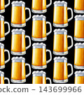 Watercolor seamless pattern with traditional beer mugs filled with light lager or beer and rich foam. Hand drawn craft beverage background for bar, menu, pub decor, Oktoberfest festival or packaging 143699966