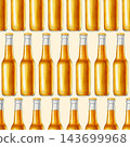 Seamless watercolor pattern featuring clear glass beer bottles with golden ale or beer. Hand drawn craft beverage background for bar, menu, pub decor, Oktoberfest festival or packaging. 143699968