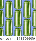 Watercolor seamless pattern with green aluminium beer cans. Hand drawn craft beverage background for bar, menu, pub decor, Oktoberfest festival or packaging. 143699969