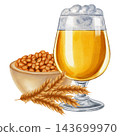 Watercolor illustration beer with glass, bottle, can, malt grains in sack, bowl and wheat ears, isolated on white background. Perfect for bar, menu, pub decor, Oktoberfest festival or packaging 143699970