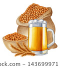 Watercolor illustration beer with glass, bottle, can, malt grains in sack, bowl and wheat ears, isolated on white background. Perfect for bar, menu, pub decor, Oktoberfest festival or packaging 143699971
