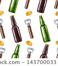Watercolor seamless pattern with beer bottles, crown caps and bottle opener. Hand drawn craft beverage background for bar, menu, pub decor, Oktoberfest festival or packaging. 143700033