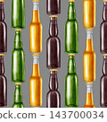 Seamless watercolor pattern with green, amber and brown glass beer bottles. Hand drawn craft beverage background for bar, menu, pub decor, Oktoberfest festival or packaging. 143700034
