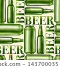 Watercolor seamless pattern with green beer cans, bottles and BEER text. Hand drawn craft beverage background for bar, menu, pub decor, Oktoberfest festival or packaging. 143700035