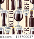 Watercolor seamless pattern with dark beer glasses, bottles,  opener, and BEER text. Hand drawn craft beverage background for bar, menu, pub decor, Oktoberfest festival or packaging. 143700037