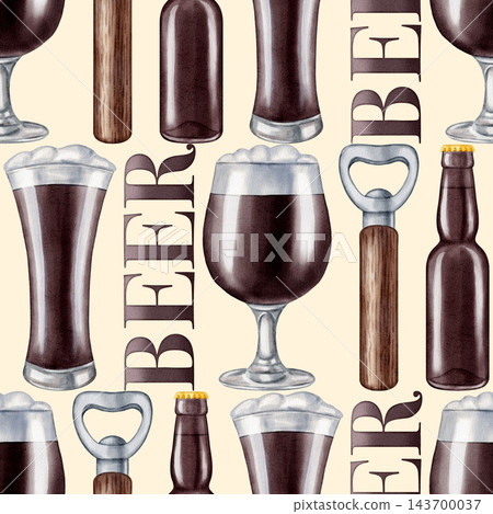 Watercolor seamless pattern with dark beer glasses, bottles, opener, and BEER text. Hand drawn craft beverage background for bar, menu, pub decor, Oktoberfest festival or packaging. Watercolor seamless pattern with dark beer glasses, bottles, opener, and BEER text. Hand drawn craft beverage background for bar, menu, pub decor, Oktoberfest festival or packaging. 143700037