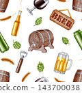 Seamless watercolor pattern with beer barrel, hop cones, wheat and mug. Hand drawn craft beverage background for bar, menu, pub decor, Oktoberfest festival or packaging. 143700038