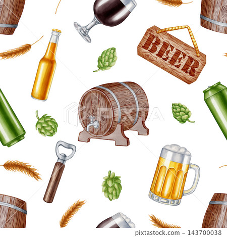 Seamless watercolor pattern with beer barrel, hop cones, wheat and mug. Hand drawn craft beverage background for bar, menu, pub decor, Oktoberfest festival or packaging. Seamless watercolor pattern with beer barrel, hop cones, wheat and mug. Hand drawn craft beverage background for bar, menu, pub decor, Oktoberfest festival or packaging. 143700038