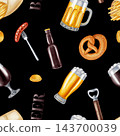 Watercolor seamless pattern with beer glasses, pretzel, sausage and fries. Hand drawn craft beverage background for bar, menu, pub decor, Oktoberfest festival or packaging. 143700039