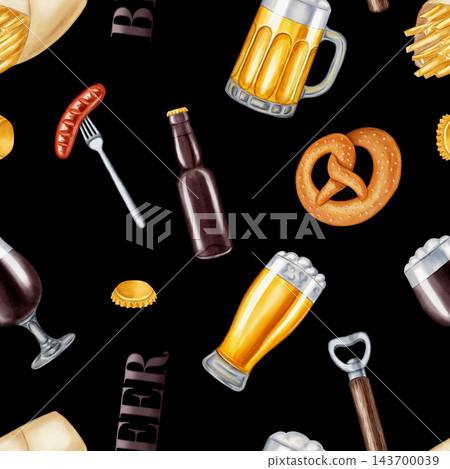 Watercolor seamless pattern with beer glasses, pretzel, sausage and fries. Hand drawn craft beverage background for bar, menu, pub decor, Oktoberfest festival or packaging. Watercolor seamless pattern with beer glasses, pretzel, sausage and fries. Hand drawn craft beverage background for bar, menu, pub decor, Oktoberfest festival or packaging. 143700039