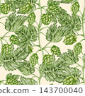 Seamless watercolor pattern featuring green hop cones, leaves and branches. Hand drawn craft beverage background for bar, menu, pub decor, Oktoberfest festival or packaging. 143700040