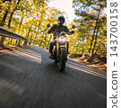 Motorcyclist wearing a black helmet and dark riding gear approaching the camera on a winding asphalt road through a sunlit green and golden autumn forest, with dynamic motion blur. 143700158