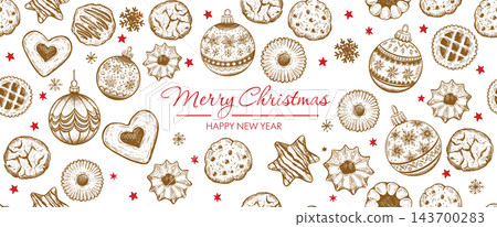 Hand drawn illustration Cookie and Christmas ball pattern on white Hand drawn illustration Cookie and Christmas ball pattern on white 143700283
