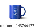 Blue Coffee Mug, Vector Illustration. 3d Coffee Mug with White Typography. Coffee Mug Isolated for Cafe, Hot Drink, Morning Coffee, Tea, Beverage Branding, Merchandise, Restaurant, Kitchen Advertising 143700477