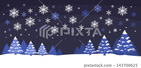 Snowy Winter Christmas Landscape with Blue Pine Trees and Falling Snowflakes Snowy Winter Christmas Landscape with Blue Pine Trees and Falling Snowflakes 143700625